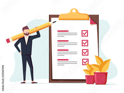 Positive business man with a giant pencil on his shoulder nearby marked checklist on a clipboard paper.