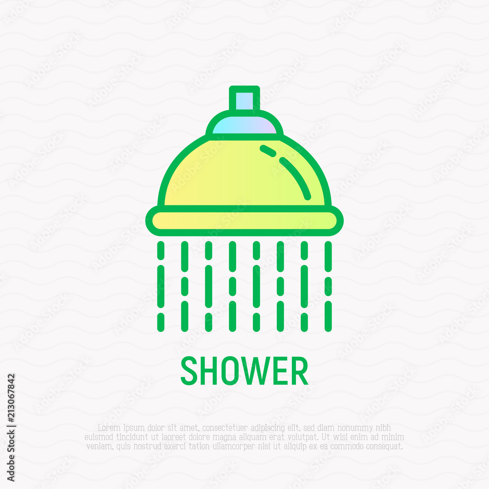 Shower with water drops thin line icon. Modern vector illustration of bathroom equipment. Shower with water drops thin line icon. Modern vector illustration of bathroom equipment.