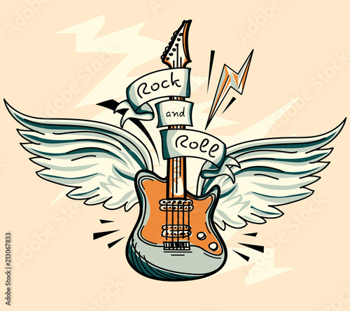 Music design - drawn winged rock and roll guitar