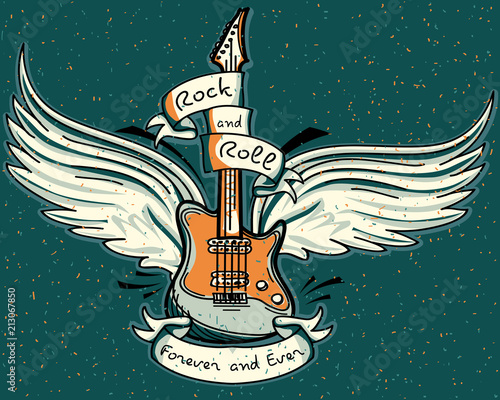 Music design - drawn winged rock and roll guitar