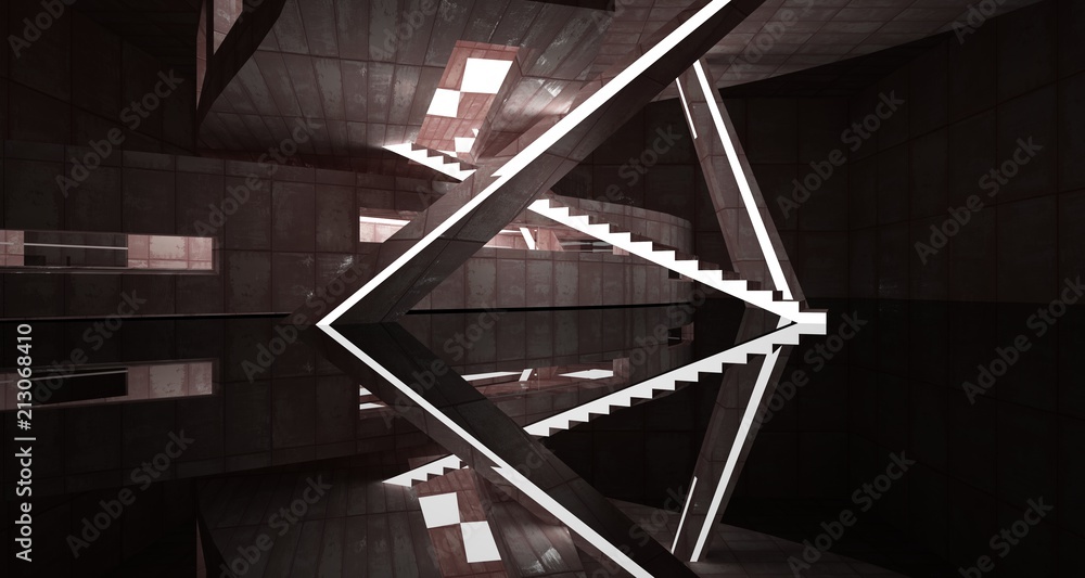 Fototapeta premium Empty smooth abstract room interior of sheets rusted metal with gray concrete. Architectural background. 3D illustration and rendering