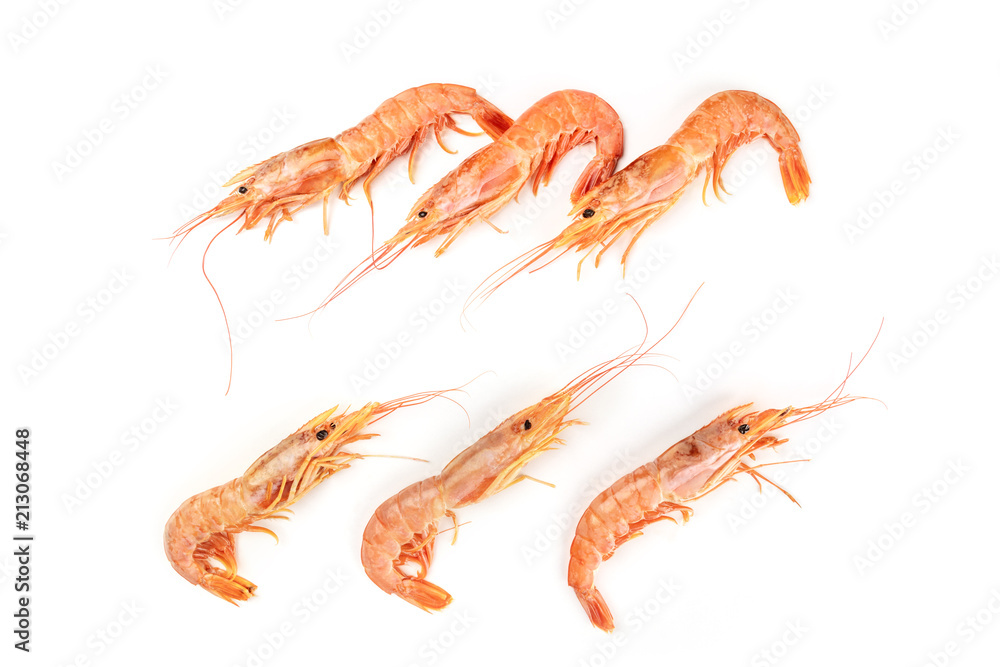 Overhead photo of raw shrimps forming frame on white background, with copy space Overhead photo of raw shrimps forming frame on white background, with copy space