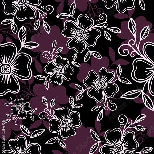 Luxury Vector seamless pattern - graphic flowers with leaves in violet colors