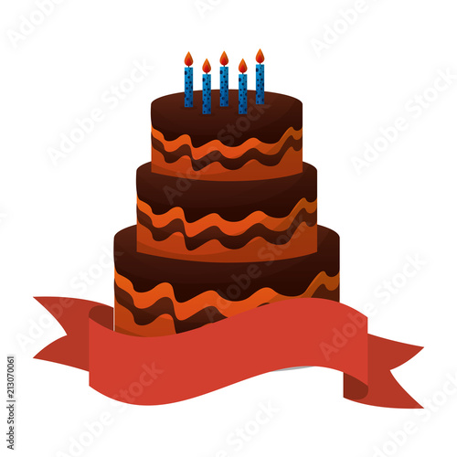 sweet cake with candles and ribbon isolated icon