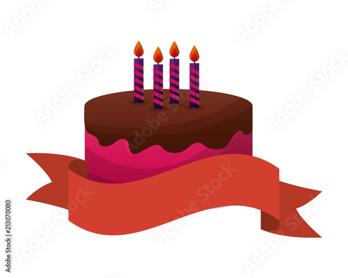 sweet cake with candles and ribbon isolated icon