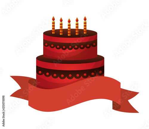 sweet cake with candles and ribbon isolated icon