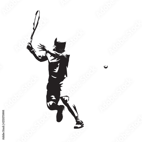 Tennis player isolated vector silhouette, abstract ink drawing of tennis athlete. Forehand. Individual summer sport, active people