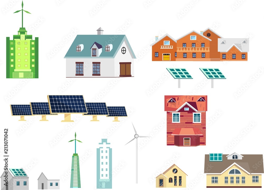 Ecology friendly equipped houses, wind turbines, green lechnologies, vector set