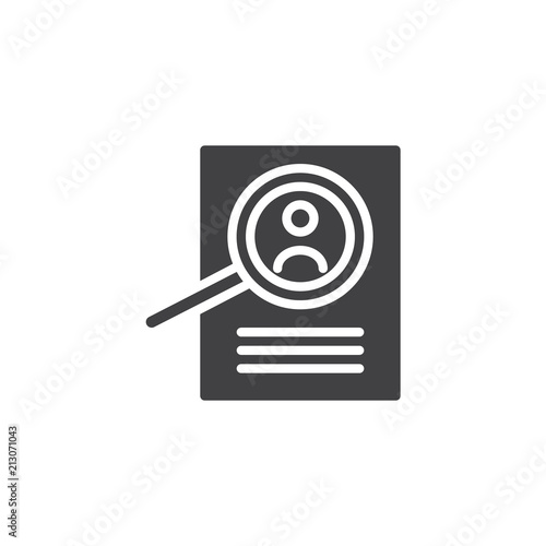 Magnifying glass and resume vector icon. filled flat sign for mobile concept and web design. View Resume simple solid icon. Hiring staff symbol, logo illustration. Pixel perfect vector graphics