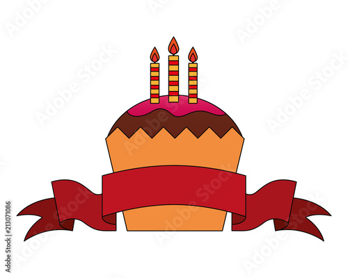 sweet cupcake with candles and ribbon isolated icon