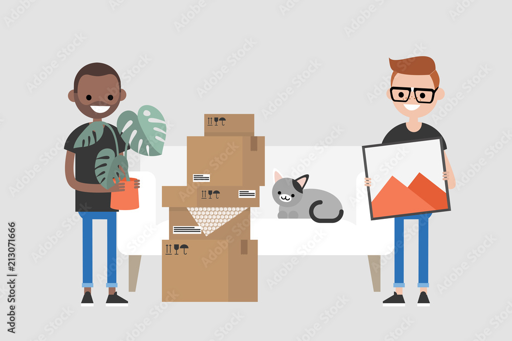 Young interracial homosexual couple moving to a new apartment. Relocation. Mortgage. Flat editable vector illustration, clip art Young interracial homosexual couple moving to a new apartment. Relocation. Mortgage. Flat editable vector illustration, clip art