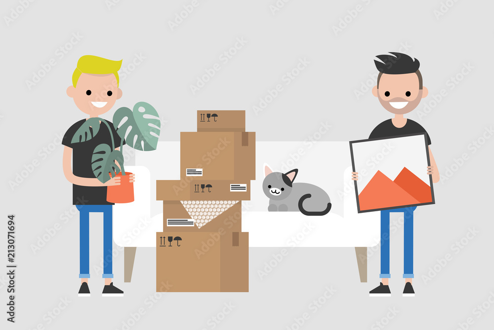 Young homosexual couple moving to a new apartment. Relocation. Mortgage. Flat editable vector illustration, clip art Young homosexual couple moving to a new apartment. Relocation. Mortgage. Flat editable vector illustration, clip art