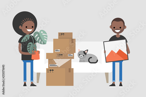Young african american couple moving to a new apartment. Relocation. Mortgage. Flat editable vector illustration, clip art