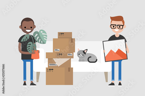 Young interracial homosexual couple moving to a new apartment. Relocation. Mortgage. Flat editable vector illustration, clip art