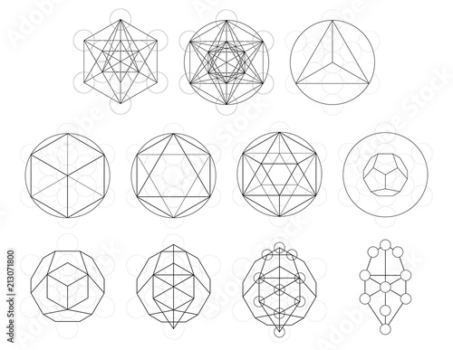 Set of geometrical elements and shapes. Sacred Geometry Metatron Cube development. Vector designs