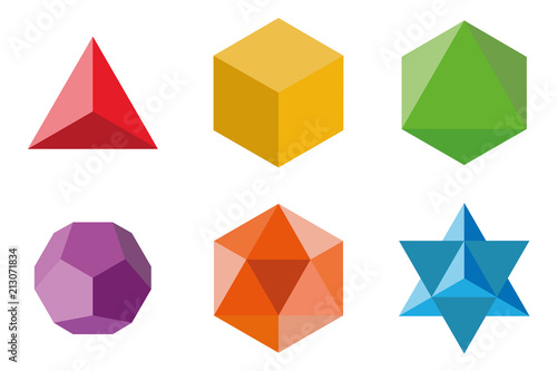 Set of geometrical elements and shapes: pyramid, cube, octahedron, dodecahedron, icosahedron and Davids Star. Sacred Geometry vector designs