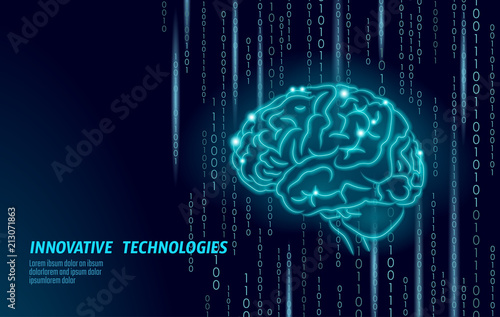 Digital 3D shape of human brain. Low poly polygonal particle point line geometric render. Mental education creative idea future mind technology concept blue binary code vector illustration