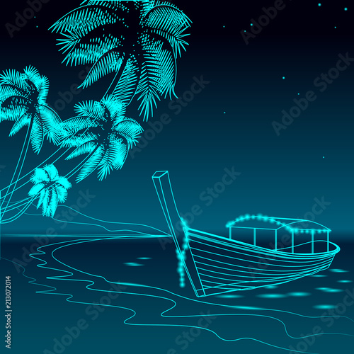 Boat night promenade sea vacation. Romantic date wedding travel leisure sandy coast starry sky. Palm beach ocean shore vector illustration. Tropical water sketch dark blue glowing background