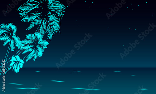 Seashore night promenade sea vacation. Romantic date wedding travel leisure sandy coast starry sky. Palm beach ocean shore vector illustration. Tropical water sketch dark blue glowing background