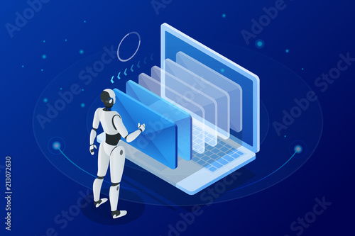 Isometric robots man with artificial intelligence working with a virtual interface in chatbot emails. Message online chat social text vector Illustration