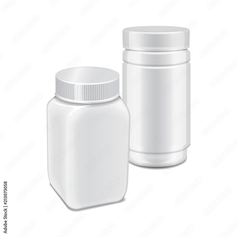 Vector template of white plastic bottle with screw cap for medicine, pills, tabs. 3d containers mock up illustration Vector template of white plastic bottle with screw cap for medicine, pills, tabs. 3d containers mock up illustration
