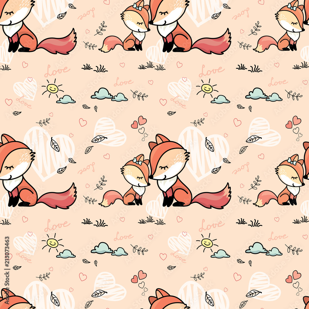 Seamless pattern with Cute mother fox and child fox,