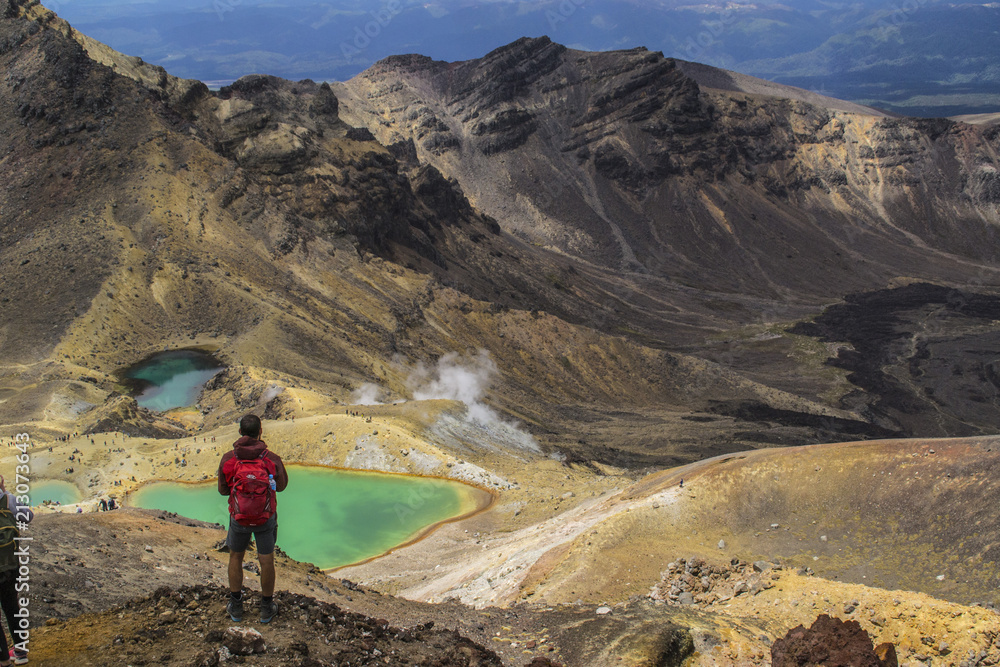 Travel New Zealand, Tongariro National Park. Young tourist hiker man overlooking volcanic landscape of Tongariro Alpine Crossing. Popular tourist trail / day hiking track in North Island