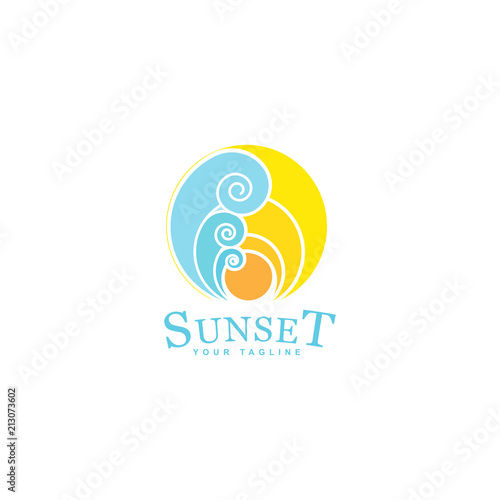 sunset and waves logo, sunset vector design circled the ocean waves