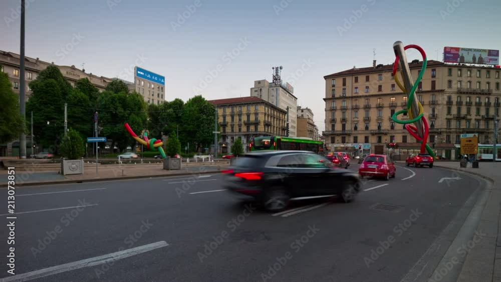 evening light milan cityscape famous traffic square panorama 4k timelapse italy
