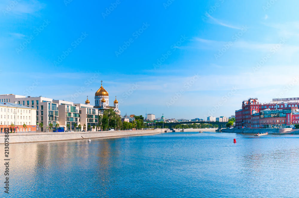 View at the Moscow river and Cathedral of Christ the Saviour in Moscow, Russia