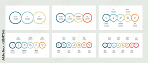 Business infographics. Timeline with 3, 4, 5, 6, 7, 8 steps, options, circles. Vector template.