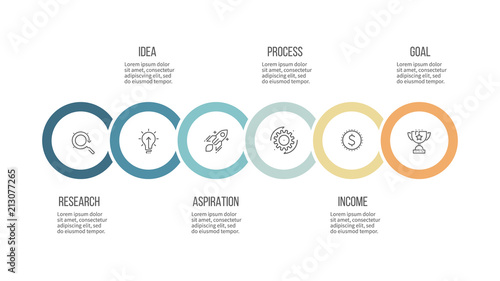 Business infographics. Timeline with 6 steps, options, circles. Vector template.