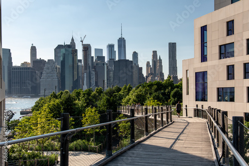 New York, City / USA - JUL 10 2018: Lower Manhattan skyline daylight view from Brooklyn Queens Expressway in Brooklyn Heights