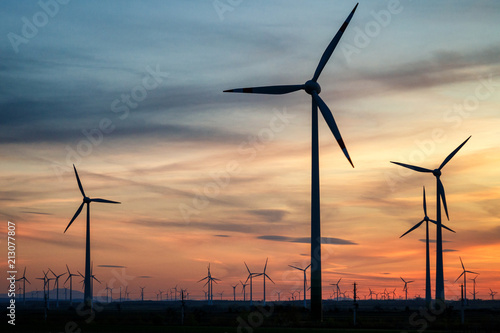 Group of wind power turbines at a sunset.