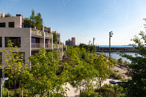 New York, City / USA - JUL 10 2018: 1 Hotel Brooklyn Bridge in daylight view from Brooklyn Bridge Park