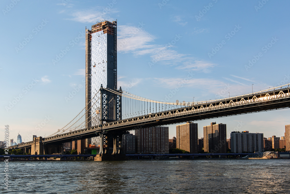 New York, City / USA - JUL 10 2018: Luxury Buildings and stores in Dumbo Brooklyn Bridge Park New York, City / USA - JUL 10 2018: Luxury Buildings and stores in Dumbo Brooklyn Bridge Park