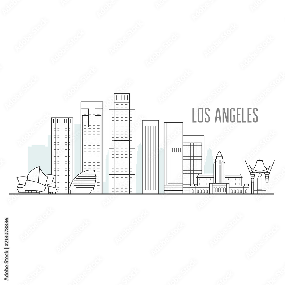 Los Angeles city skyline - downtown cityscape, towers and landmarks in liner style