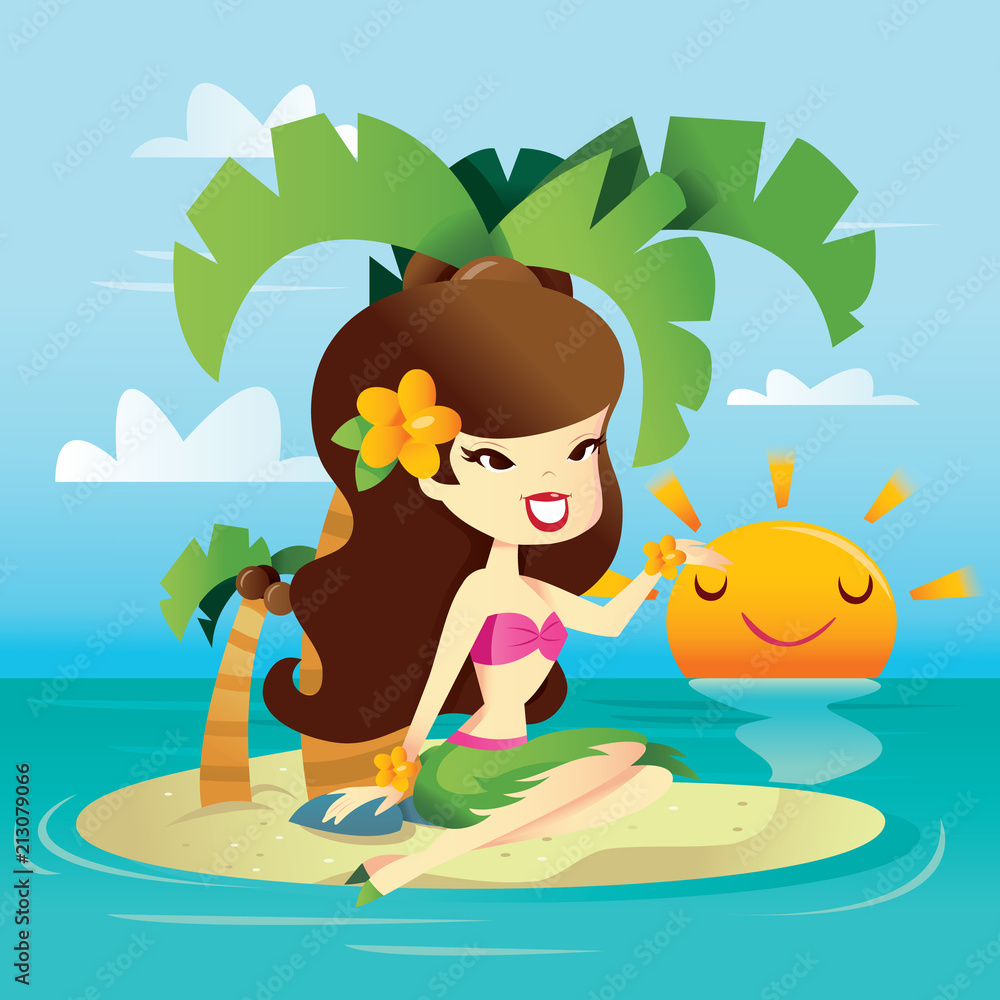 Cartoon Retro Happy Hawaiian Girl On Sunny Tropical Island