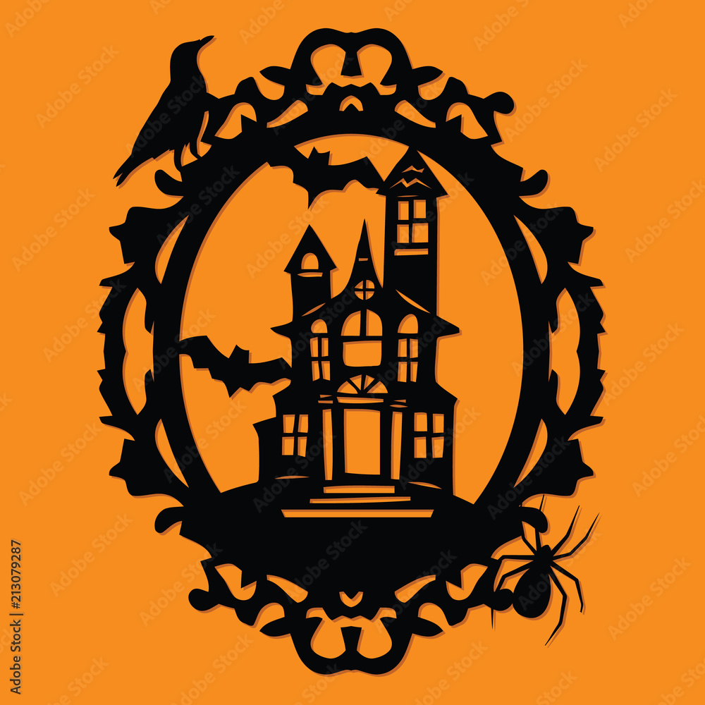 Paper Cut Silhouette Halloween Spooky Manor Mansion Frame Stock Vector ...