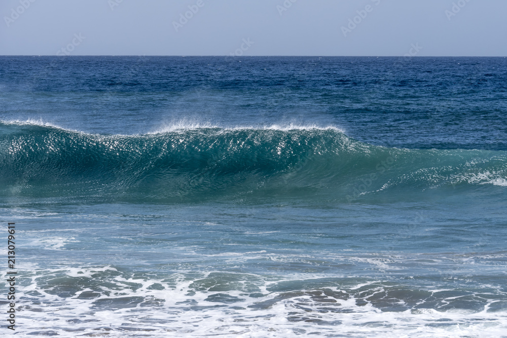 A large wave just on the point of breaking, onto beach