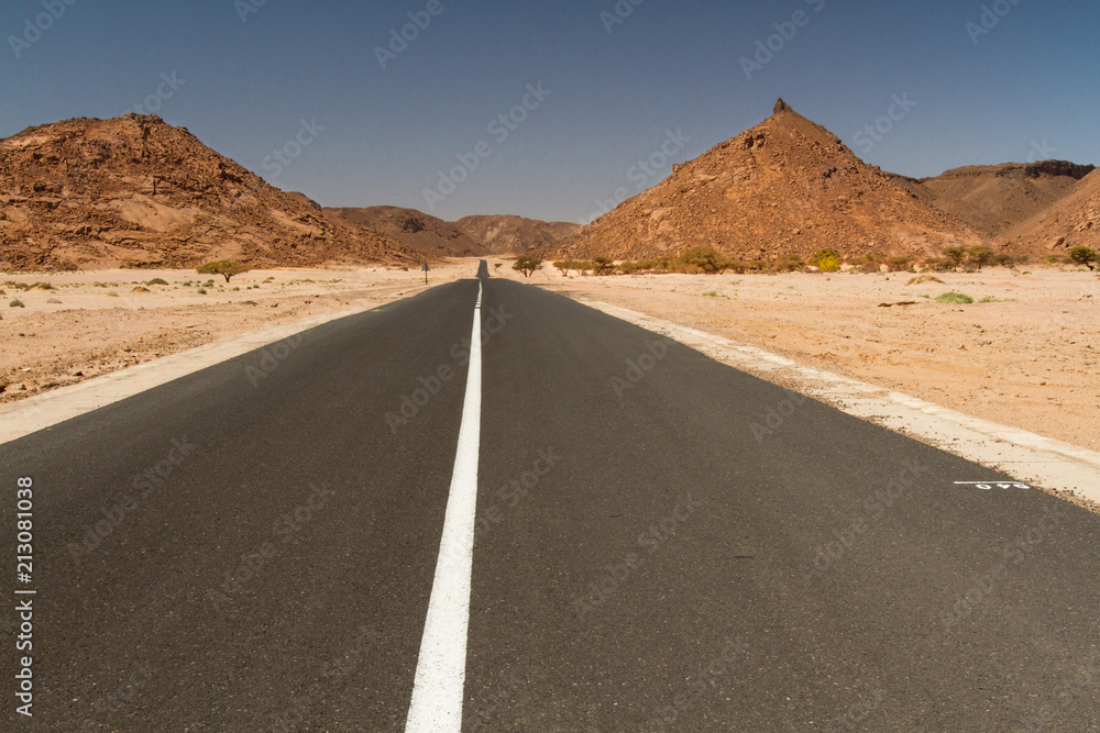 Empty straight and long road in the Sahara Desert, South Algeria, North Africa Empty straight and long road in the Sahara Desert, South Algeria, North Africa