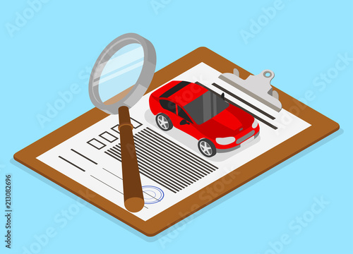 Car valuation and insurance. Isometric illustration.