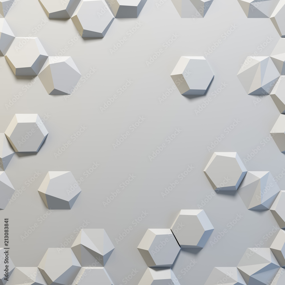 White abstract hexagons blank backdrop. 3d rendering geometric polygons, as illuminated tile wall. Interior room White abstract hexagons blank backdrop. 3d rendering geometric polygons, as illuminated tile wall. Interior room