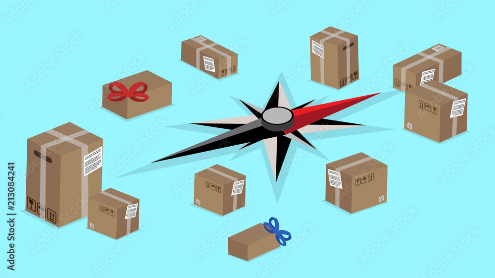 Fototapeta premium Worldwide delivery background with compas and boxes.