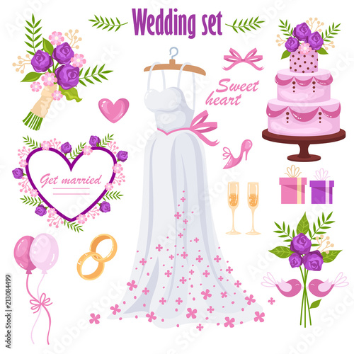 beautiful wedding set. bride's dress. isolated elements. vector cartoon illustration