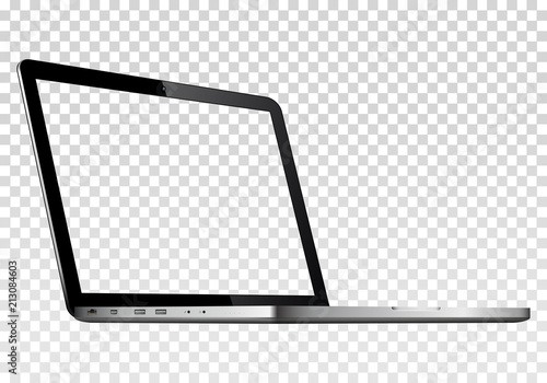 Perspective view of laptop with transparent screen isolated on transparent background.