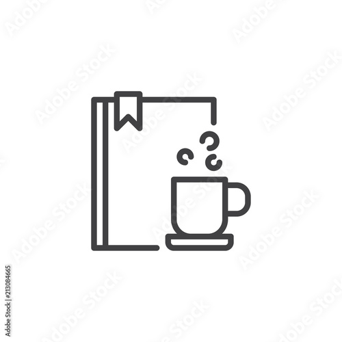 Book and coffee cup outline icon. linear style sign for mobile concept and web design. Reading simple line vector icon. Symbol, logo illustration. Pixel perfect vector graphics
