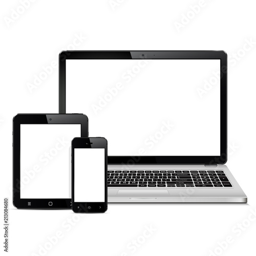 Mockup consisting of laptop, tablet pc and mobile smartphone with blank screen. For adaptive design presentation.