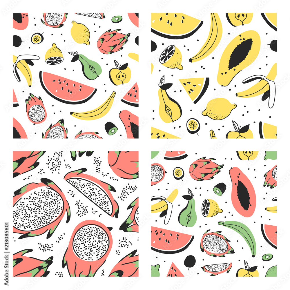Fototapeta premium Set of hand drawn set of tropical fruits. Vector artistic seamless pattern with food. Summer illustration watermelon, banana, papaya, pitaya, pear, apple, lemon, passion fruit and kiwi
