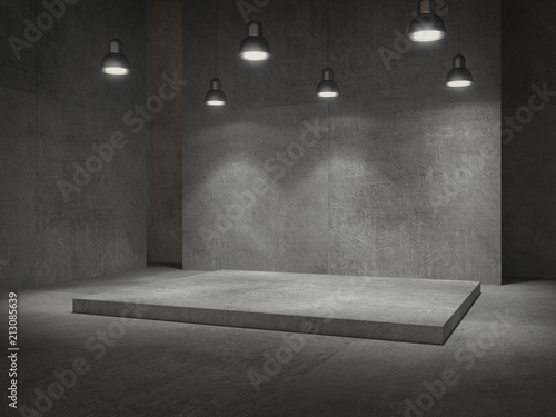 Empty room,Pedestal for display,Blank product stand with lamps light spot .3D rendering.